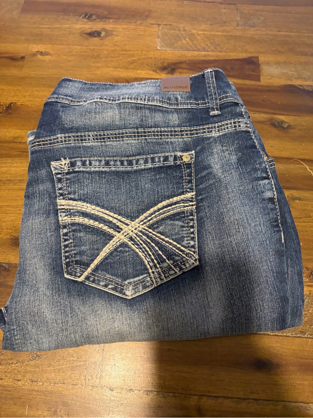 Wallflower Women's Boot Cut Jeans in Medium Blue with Contrast Stitching 17 long